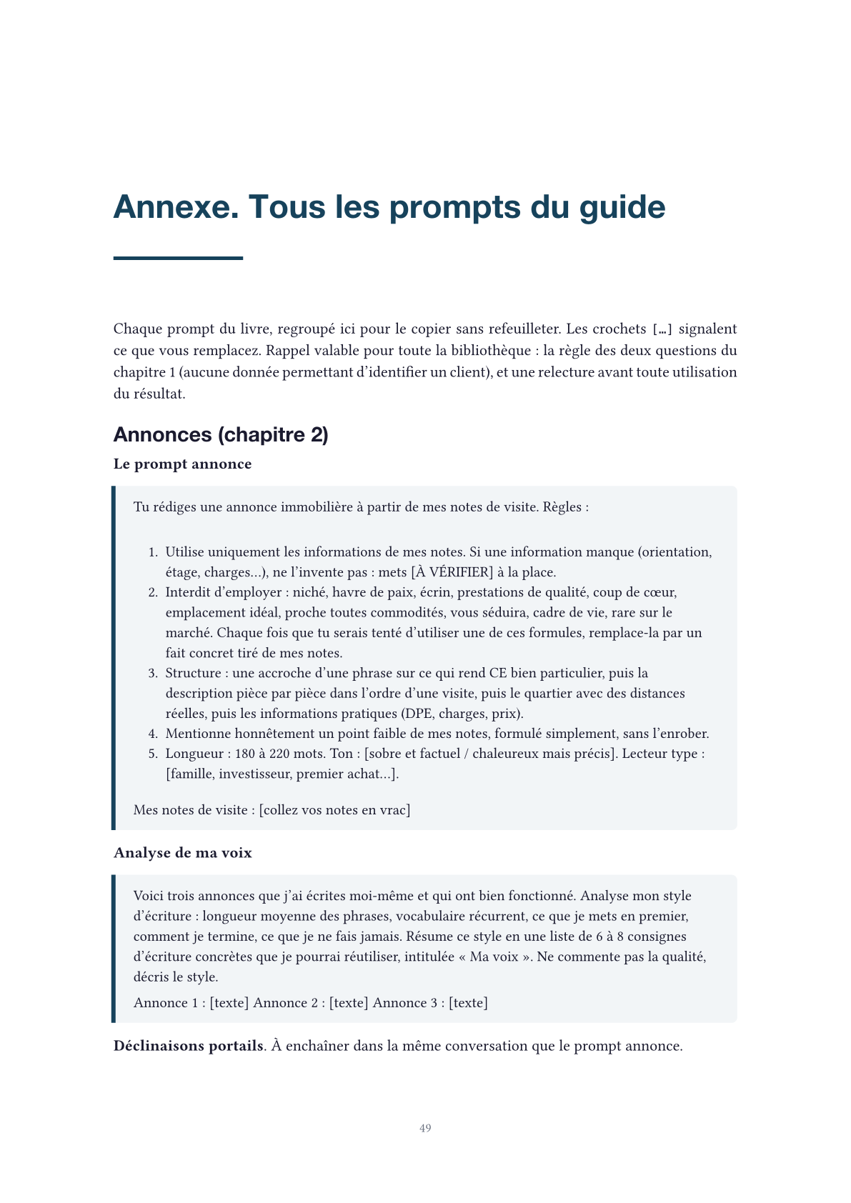 Page de l'annexe : la bibliothèque de prompts